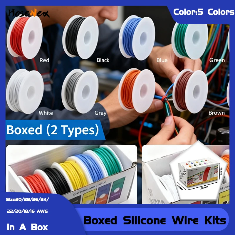 

30-18 AWG 5-Color Silicone Wire Kit 5 Sizes (30/28/26/24/22/20/18/16) Heat Resistant Flexible Strand Tinned Copper Cable for DIY