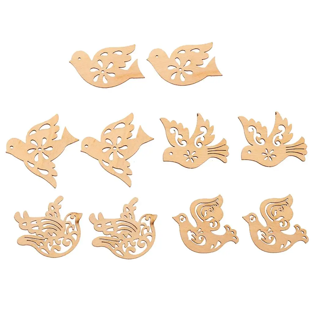 2X 10 Pieces Wood Birds Shapes Craft DIY Decor Embellishment Toys