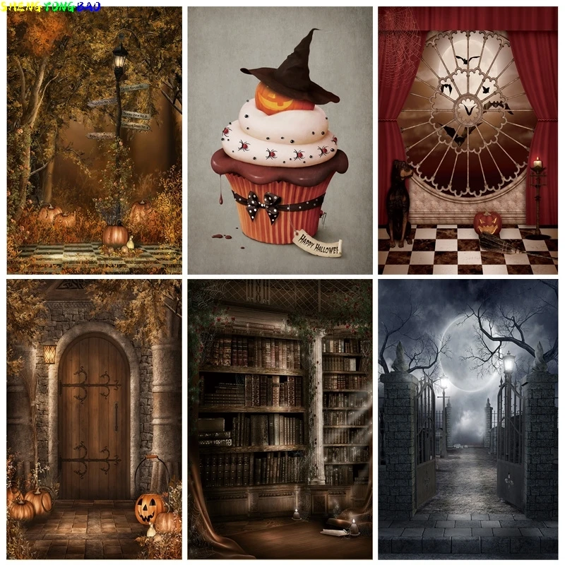 

Goth Fairy Tale Old Palace Bookshelf Arch Window Baby Portrait Backdrop Halloween Photo Backgrounds 21610DGP-01