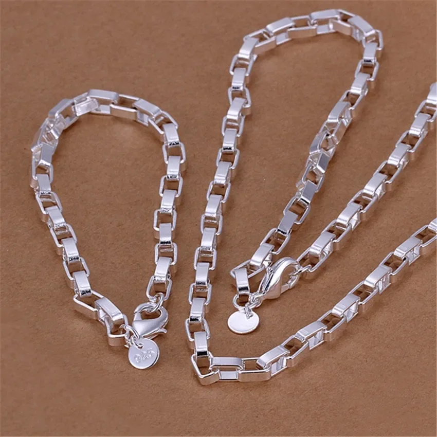 925 sterling Silver classic 5MM long box Chain Bracelets necklace Jewelry set for men Fashion Party wedding accessories Gifts