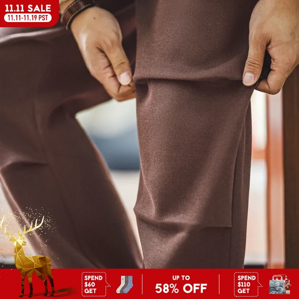 Maden レトロブラウンダブルプリーツスウェットパンツルーズフィットストレート弾性ウエストカジュアルパンツ男性の秋と冬のズボン