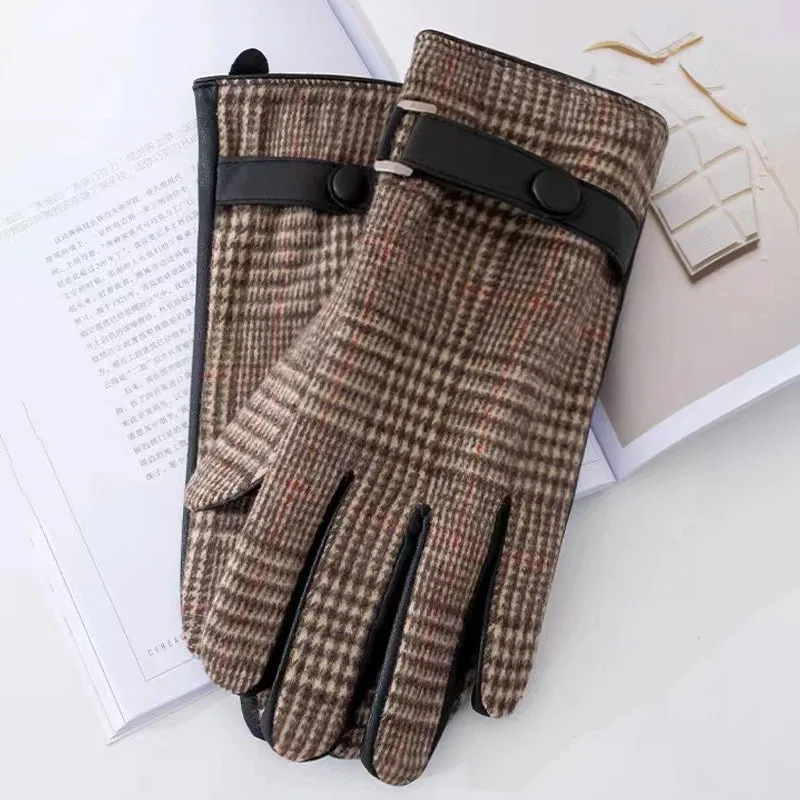 British Woolen Plaid Business Gloves, Classic Leather Patchwork Fabric with Thick Velvet Insulation, Men's Cycling Gloves