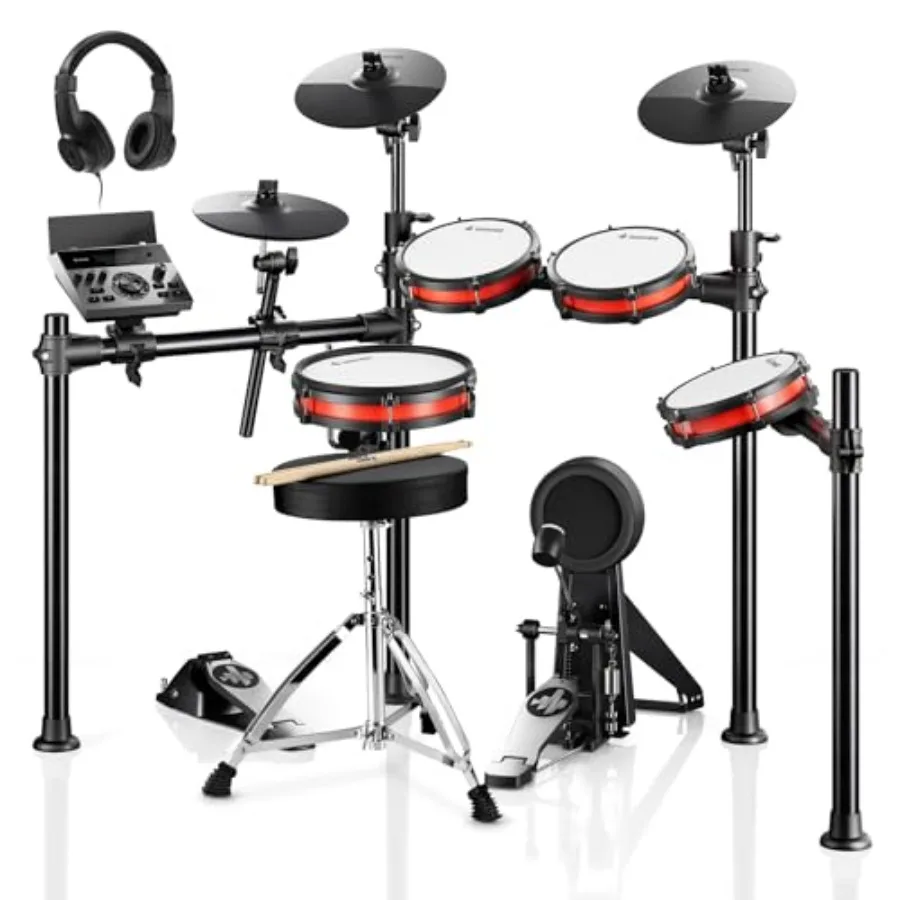

Электронная ударная установка с Bluetooth, 450 звуков, 5 пэдов, 3 тарелки, USB MIDI, наушники, барабанные палочки, уроки игры на барабанах, черный цвет