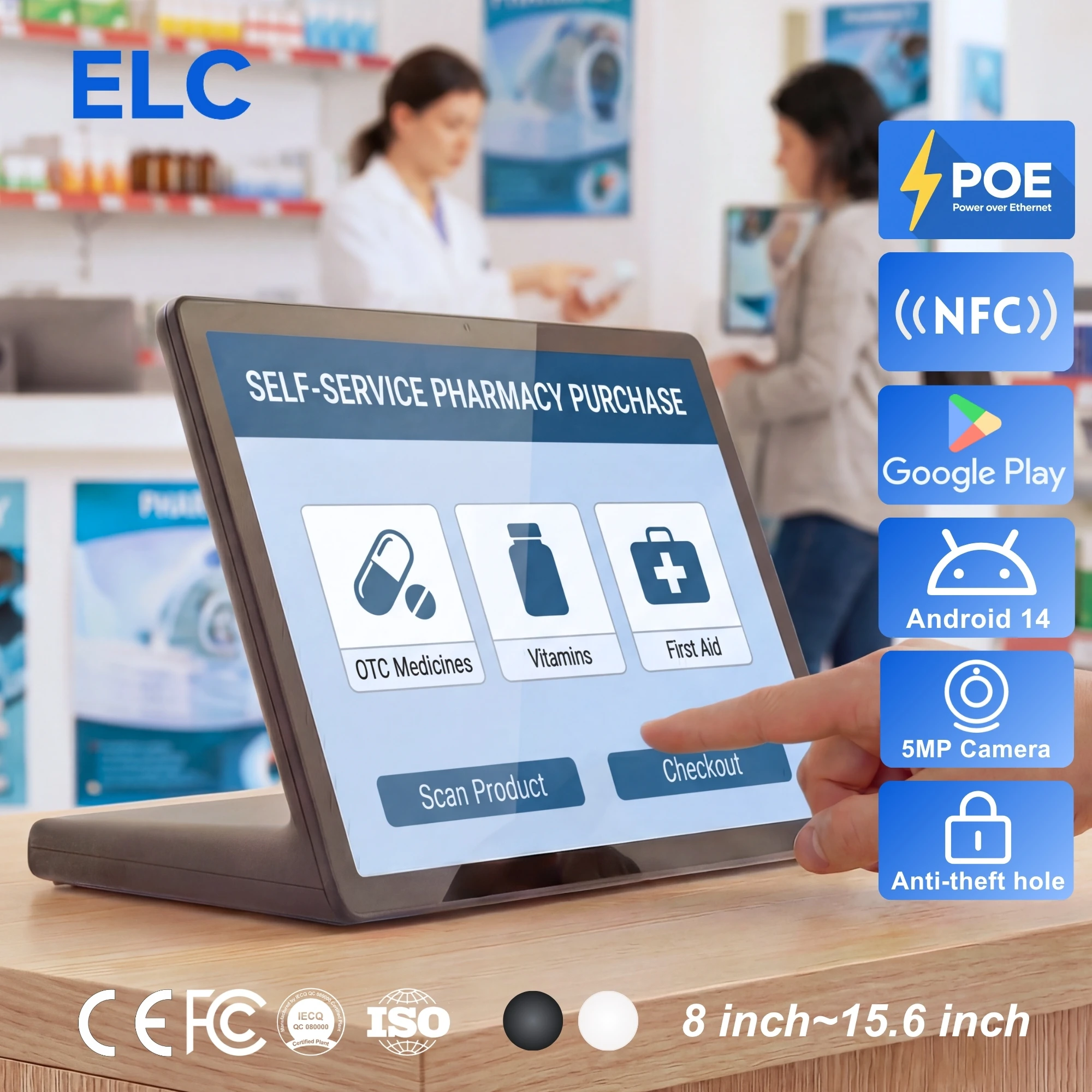 Healthcare Service Display Horizontal L-Type Desktop Tablet PoE with NFC for Clinic Patient Check-in & Pharmacy Kiosk