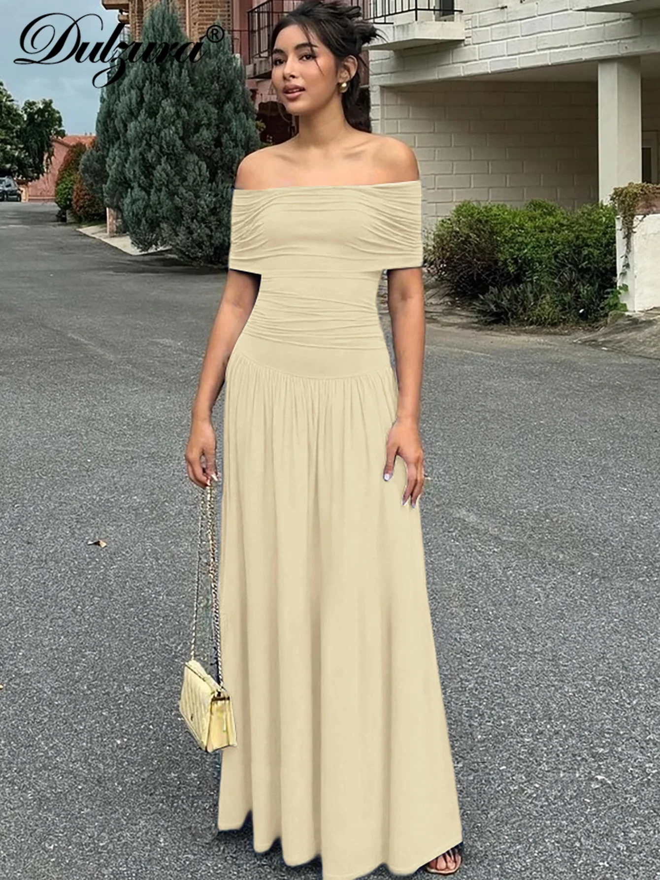 เดรสยาวทรงเข้ารูป ดีไซน์เปิดไหล่ ไร้แขน ผ้าจับจีบ แต่งระบาย ดีไซน์เซ็กซี่ หรูหรา เหมาะสำหรับงานปาร์ตี้ คลับ งานพรอม เสื้อผ้าฤดูร้อน