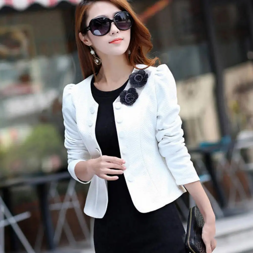 Women Blazer Solid Color Long Sleeves Button Lady Blazer Slim Fit Flower Collarless CasualFormal Coat For Work