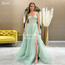 Qanz Mint Green Tulle Evening Dresses High Slit Appliques Party Gowns Floor Length Vestidos De Noche Elegantes Customized