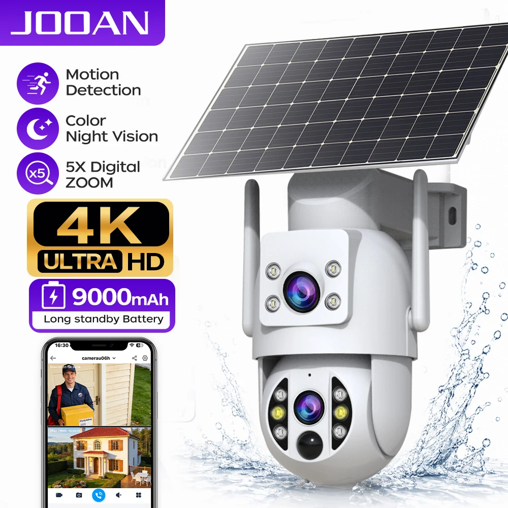 JOOAN 4K Outdoor Solar WiFi Camera Dual Lens Motion Detection Color Night Vision Built-in Battery Security Protection IP Camera