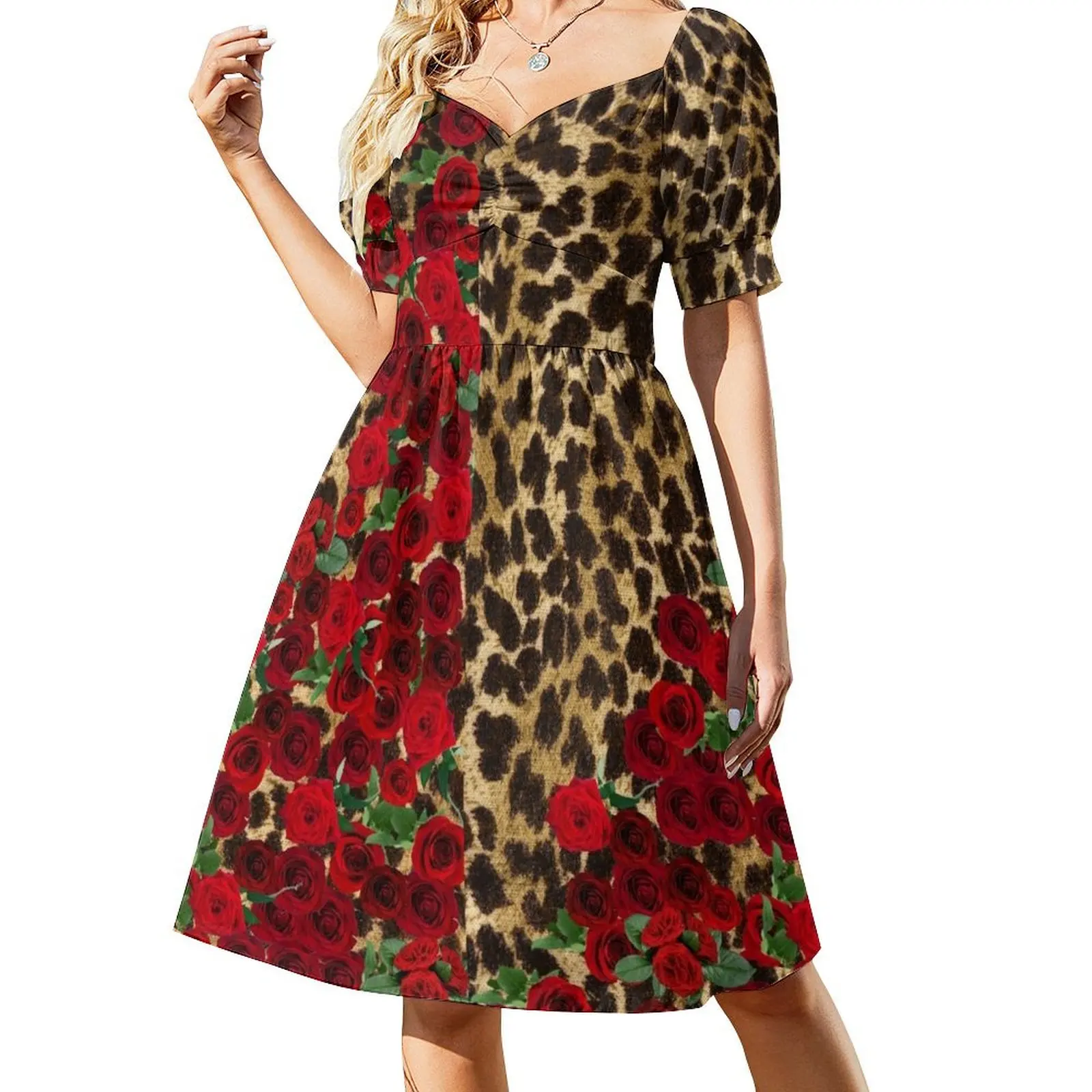 

Leopard print and roses Short-Sleeved Dress women's summer dresses 2025 cute dress summer dress woman 2025 trendy