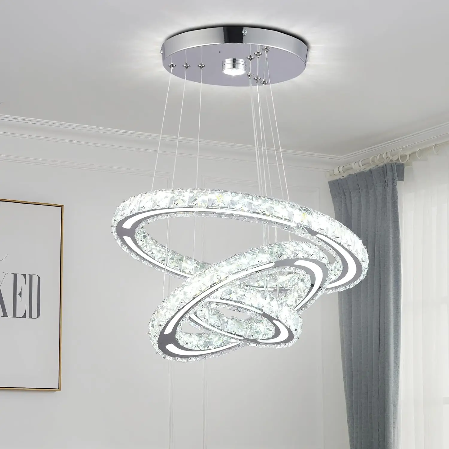 

Modern Crystal Chandelier with Adjustable 3 Rings, Cool White LED Ceiling Light for Bedroom Living Room Dining Room