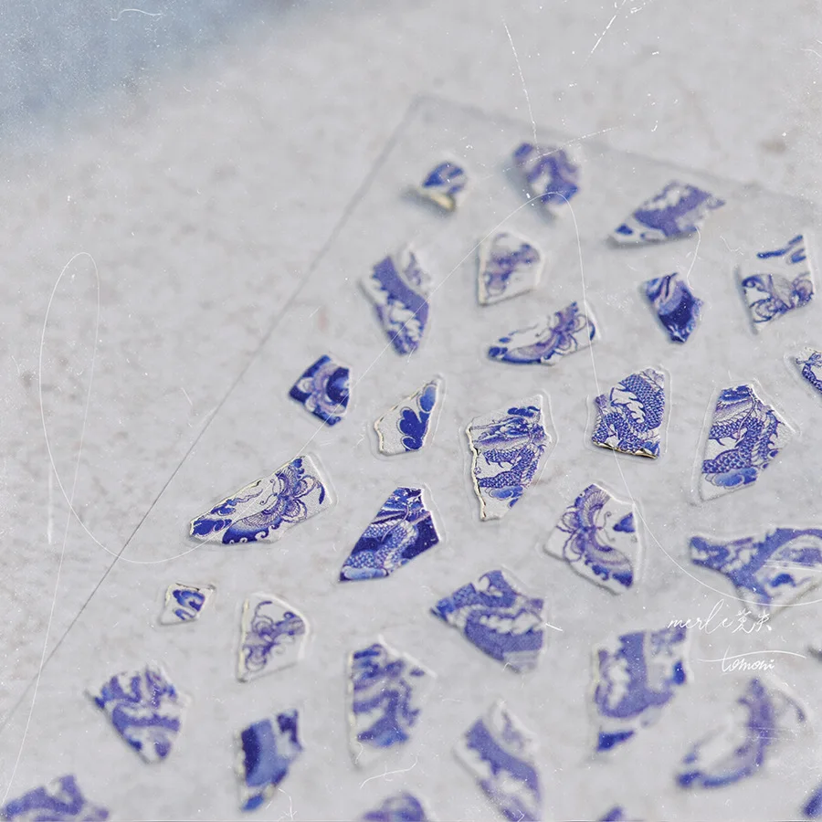 Pegatinas 5D de alta calidad para decoración de uñas, pegatinas Retro exquisitas en relieve de porcelana azul y blanca con dragón, pegatinas para decoración de uñas