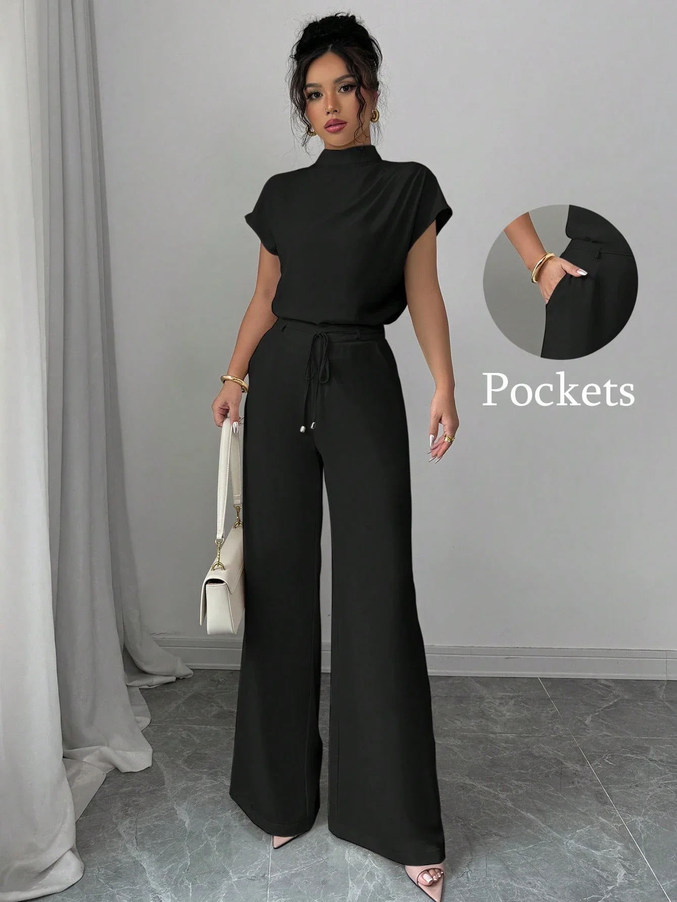 

Elegant Casual Black Short Sleeve High Neck Top And Wide Leg Drawstring Pants 2 Piece Set