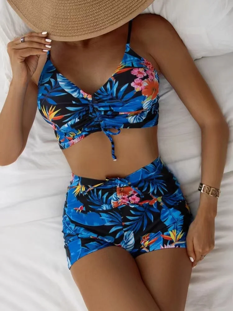 Bikini de cintura alta para mujer, traje de baño con estampado Floral, pantalones cortos con cordón frontal, Bóxer, bañador para piscina, 2024