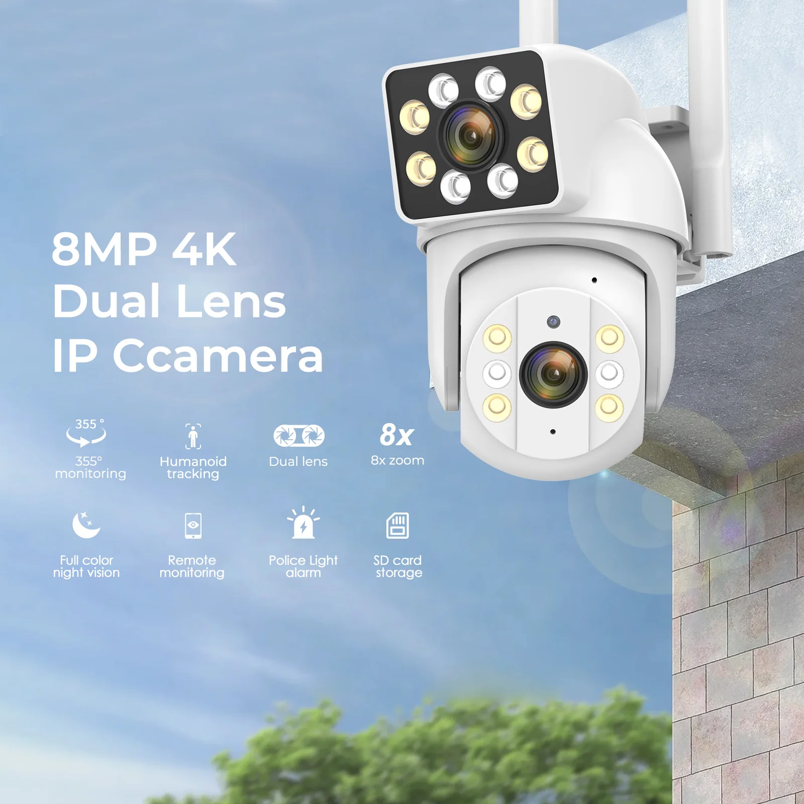 4K 8MP WiFi IP Camera Dual Lens PTZ Color Night Vision Wireless Surveillance Cameras Detect Tracking Outdoor Waterproof 8X Zoom