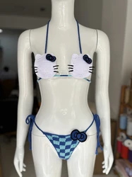 Traje de baño de ganchillo azul, conjunto de Bikini a la moda con lazo azul, ropa de playa Bonita, bañador Sexy para vacaciones