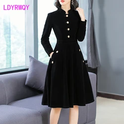 Autumn and Winter New Women's European and American Hepburn Style Black Thin Vintage Button Collar Velvet Dress