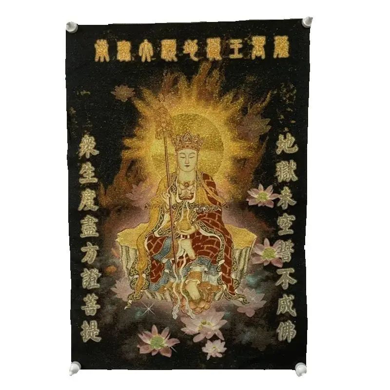 

Old Silk Thangka Style Hanging Painting Black and white Portrait of Ksitigarbha King Traditional Artwork Decorative Wall Hanging