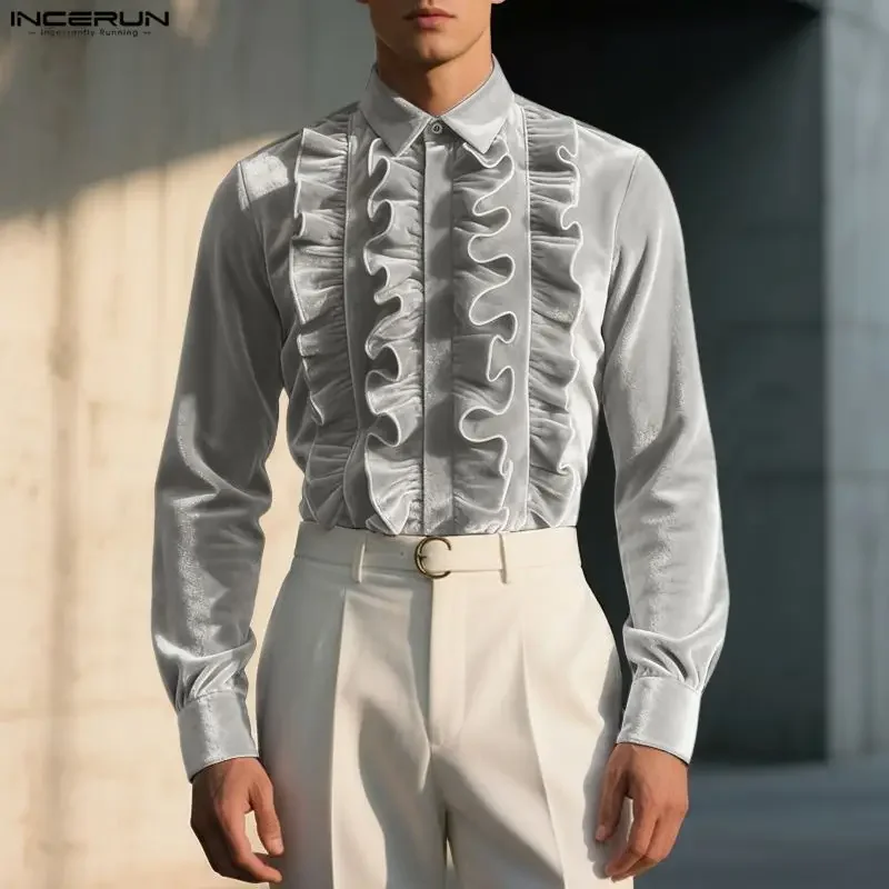 

INCERUN Men Shirt Solid Color Velour Ruffle Lapel Long Sleeve Casual Men Clothing Streetwear Fashion Elegant Tops Camisas S-5XL