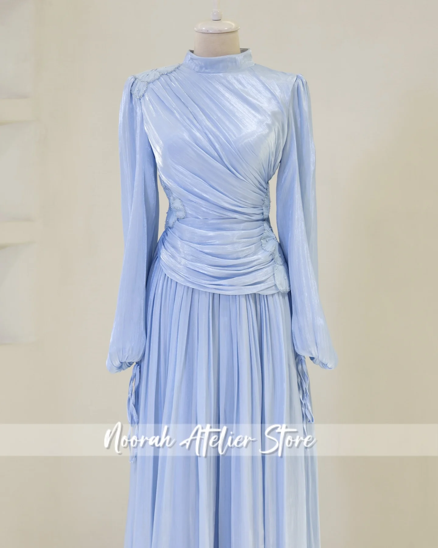 فساتين سهرة إسلامية فاخرة جديدة بأكمام طويلة H N باللون الأزرق السماوي 2025 دبي فستان طويل للحفلات المسلمة مطرز حسب الطلب