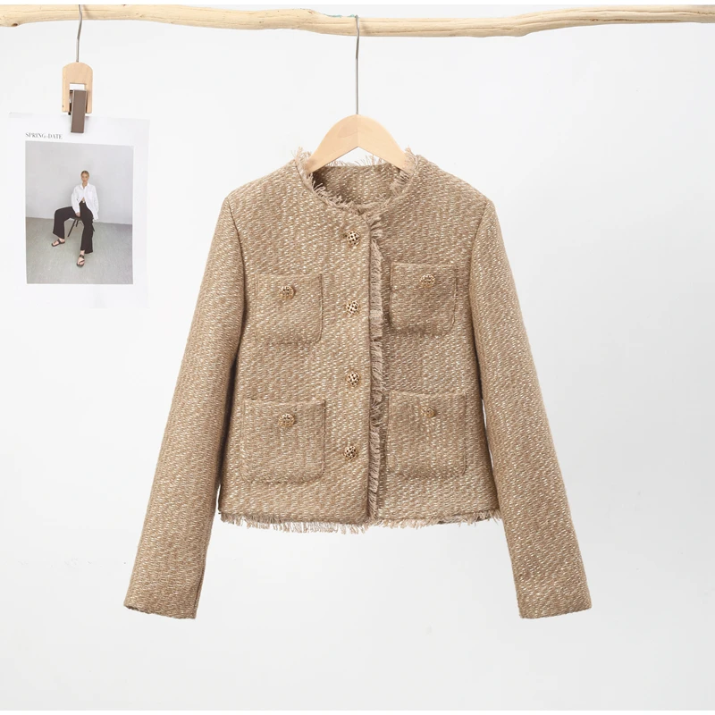 Elegant Women Camel Tweed Jacket 2023 Autumn Long Sleeve Button