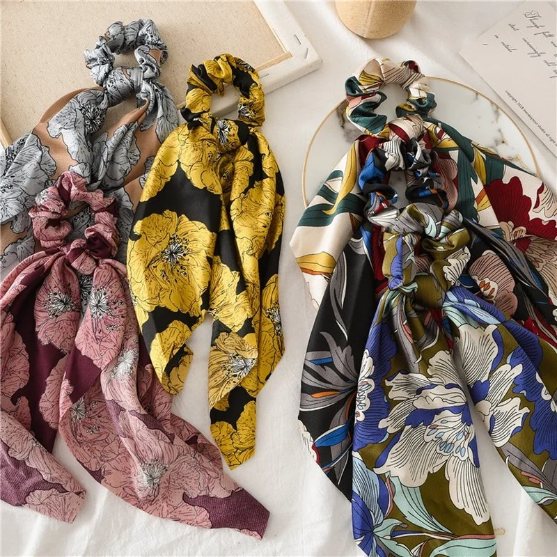 Vintage Leopard Print Bow Satin Scrunchie Women Girls Long Ribbon Ponytail Scarf Elastic Hair Tie Scrunchies Hair Accessories