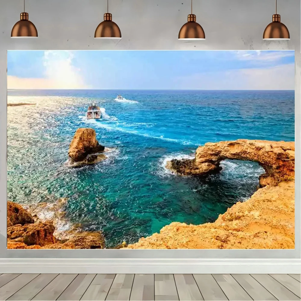 Blue Ocean Beach Backdrop Tropical Summer Background Ship Boat Wharf Sea Surface Holiday Decor Photography Photo Props