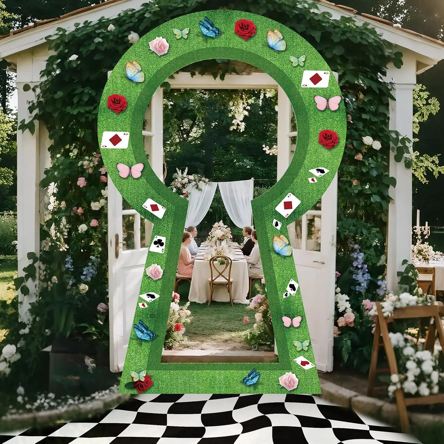 Wonderland Party Decorations Backdrop Wonderland Tea Party Fairy Green Grass Fence Door Banner Photo Props Background for Hallow view 4