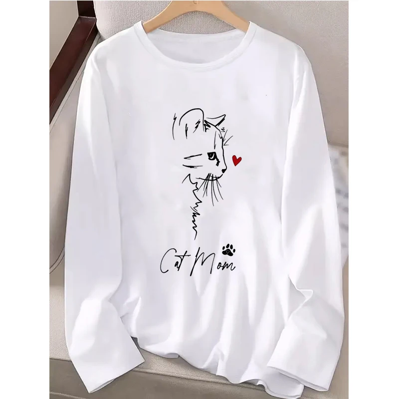 Damen-T-Shirt mit süßem Katzen-Mama-Aufdruck, langärmelig, Rundhalsausschnitt, Damen-Y2k-Tops, T-Shirts, lässiges T-Shirt für alle Jahreszeiten, T-Shirt mit Katzengesicht