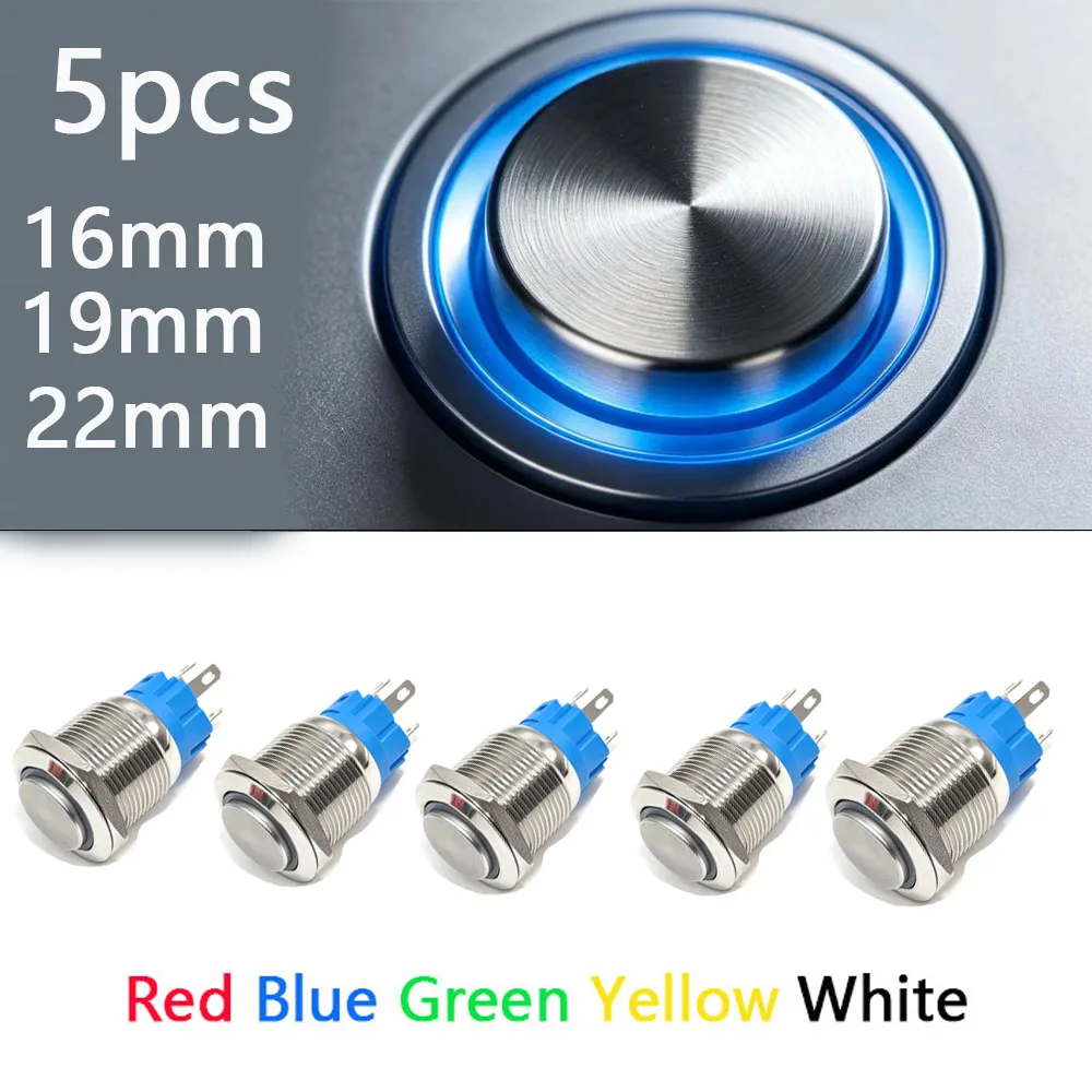 

5 pcs Metal Push Button Switch Waterproof Momentary Latching 16mm 19mm 22mm Ring Lamp LED Light 5V 6V 12V 24V 220V Red Blue