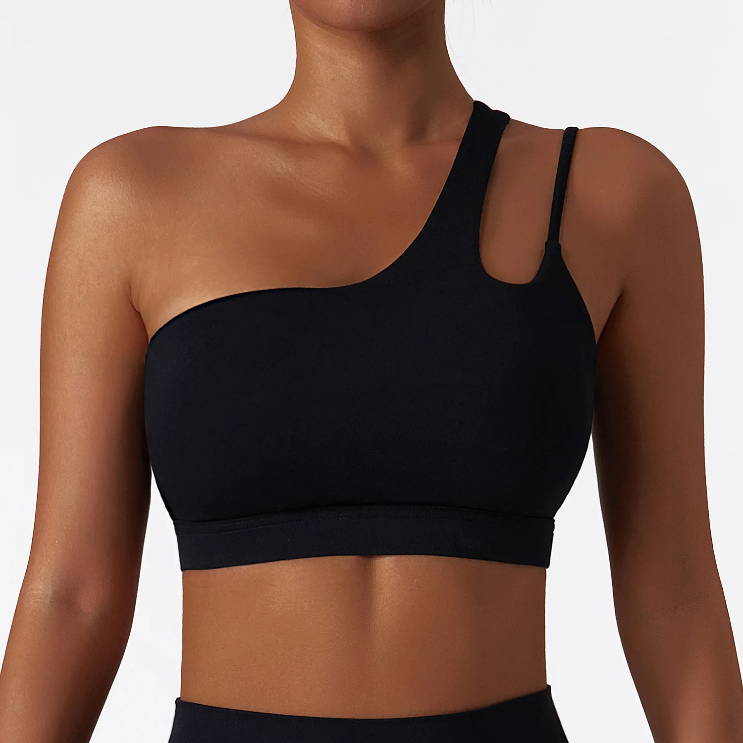 Oblique Shoulder Shockproof Yoga Bra Women\'s Beautiful Back Gym Sports Underwear Irregular Straps Running Fitness Vest Top