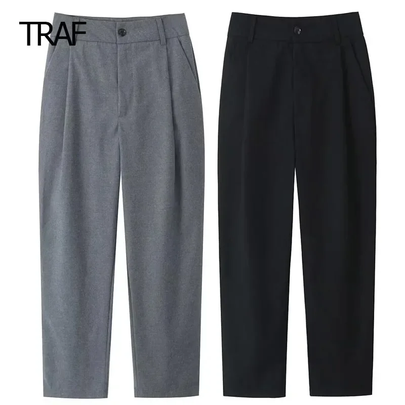

TRAF Women's Pants Spring Summer 2024 Baggy Slacks Pant Mid Waist Wide Leg Pant Korean Style Trouser Fahion Elegant Office Pants