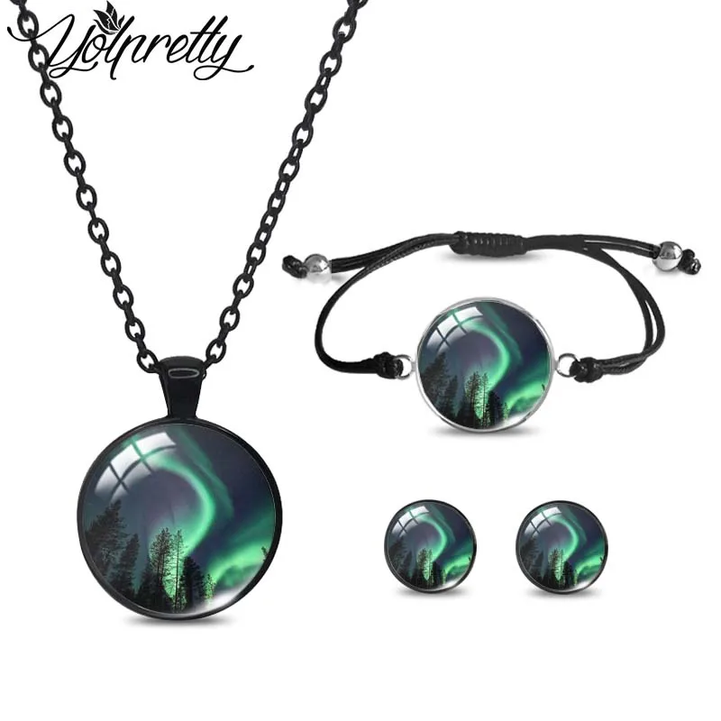 2023 New Arrival Northern Lights Aurora Black Necklace Rope Bracelet Stud Earrings Sets Glass Cabochon Jewelry Sets for Women