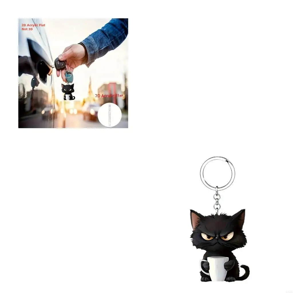6XDF 2D Black Cats Design Acrylic Rings Pendant For Key Backpacks And Suitcases Feature Scratch Resistant Surfaces