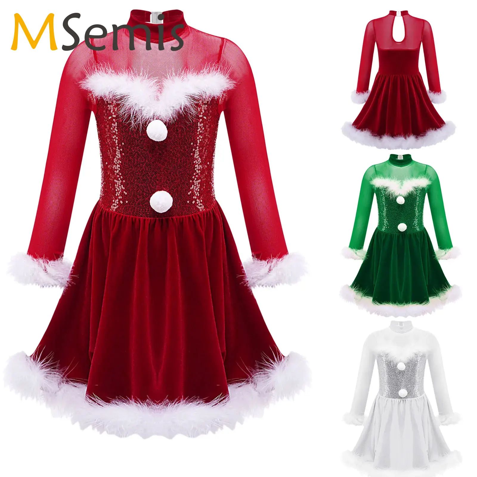 Kid Christmas Costume Long Sleeve Dress Shiny Sequins Mesh Tutu Dancewear Child Girls Ballet Dance Leotards Figure Skating Dress