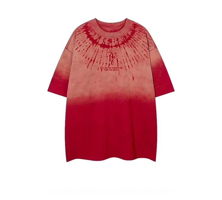 Summer New American Hip Hop Street Style Men Black Gray Red Gradient Loose Casual Round Neck Short Sleeve T-Shirt