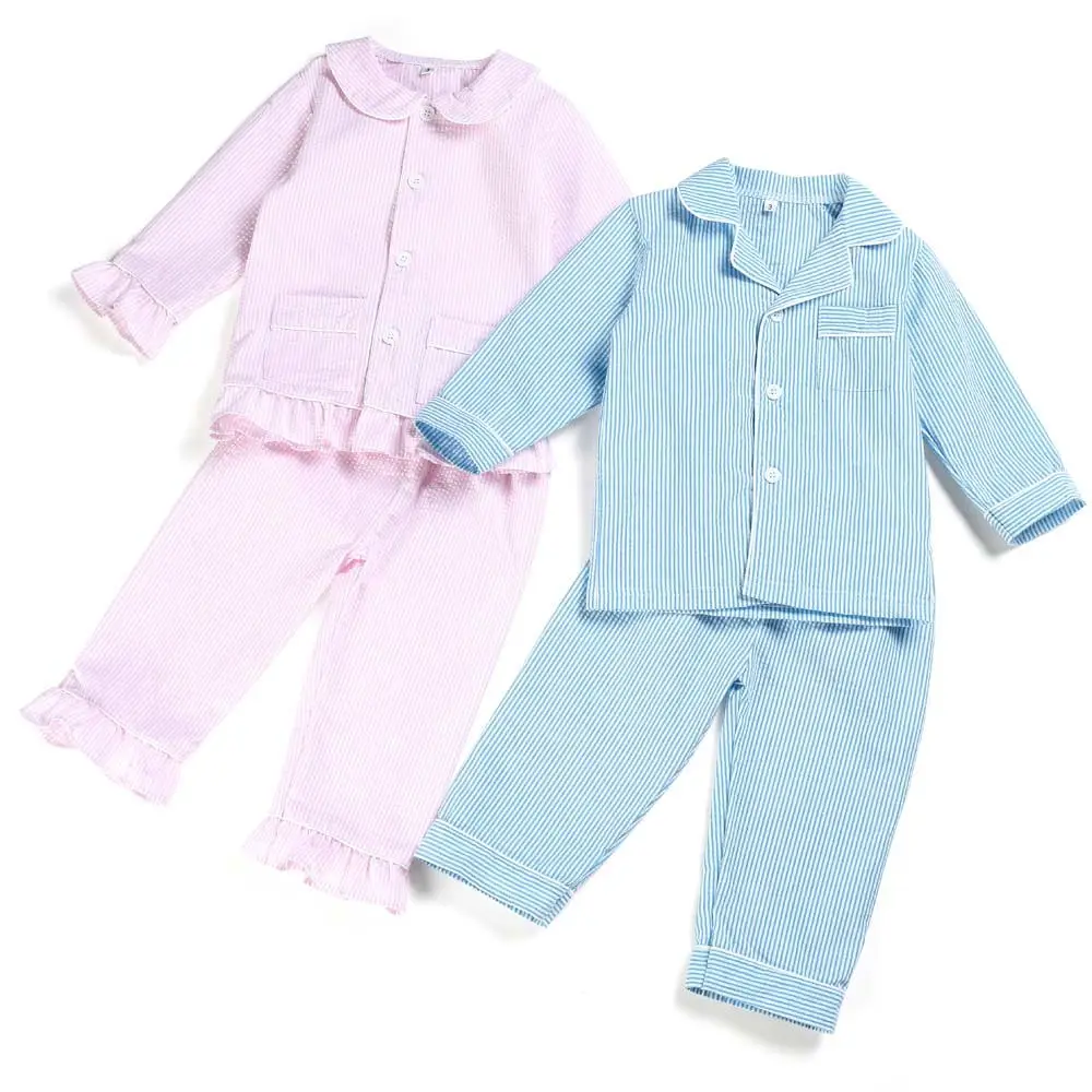 Mudbala Pink And Blue Seersucker Stripe Pajamas Set Long Sleeve Sibling Matching Boys Girls Two Piece Pyjamas With Pocket