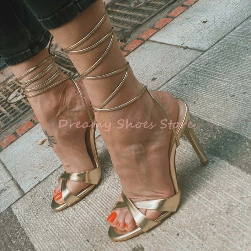 

Gold Lace Up Slingback Stiletto Sandals Women Open Toe Hollow Cross Strap High Heels Luxury Fashion Party Banquet Ladies Shoes