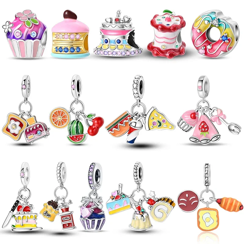 

New S925 Sterling Silver Delicious Food Cake Bread Charms Fit Original Bracelet&Bangle DIY Beads for Women Birthday Jewelry Gift