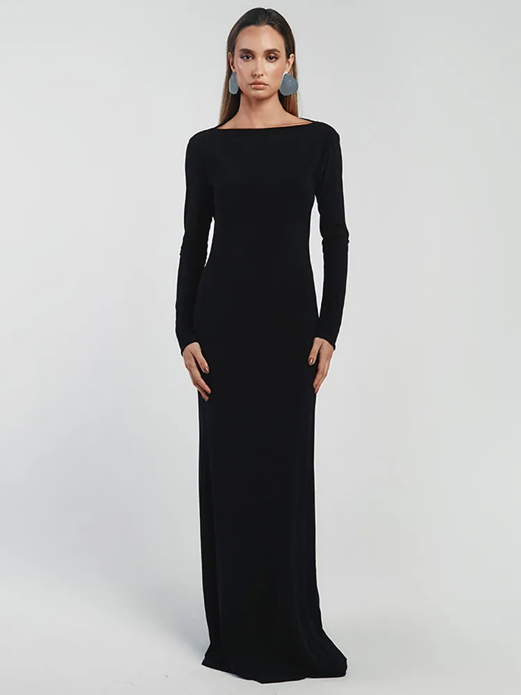 เดรสยาวทรงเอไลน์สำหรับผู้หญิง ดีไซน์หรูหราสำหรับงานกลางคืน แขนยาว คอทรงกลม ตัดเว้าหลัง ทรงเข้ารูป ยาวคลุมเท้า เหมาะสำหรับงานปาร์ตี้