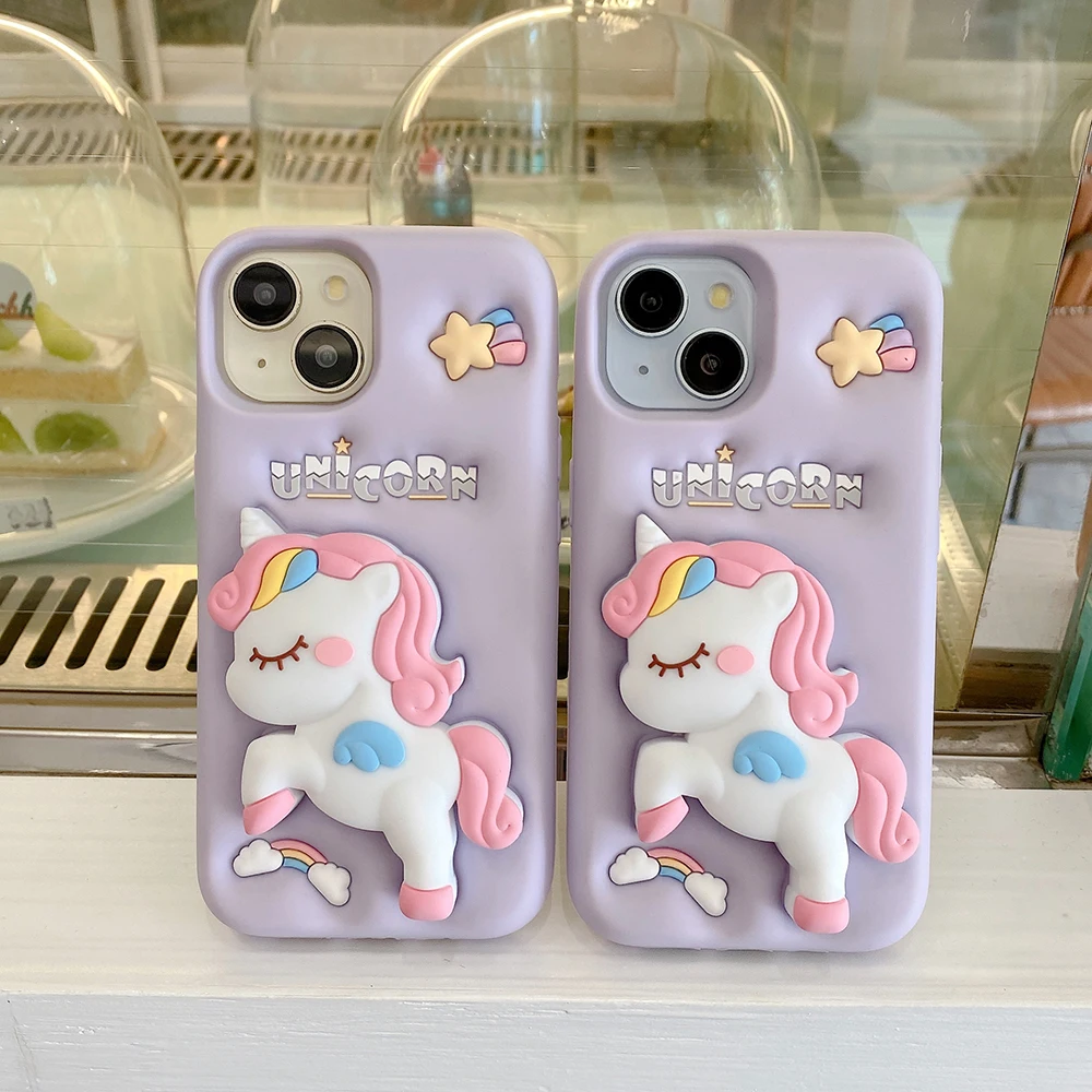 Nette 3D Cartoon Regenbogen Einhorn Pferd Weiche Silikon Halterung Fall Ständer Halter Abdeckung Für iPhone 17 16 Plus 15 14 13 12 Pro Max – Detail 3