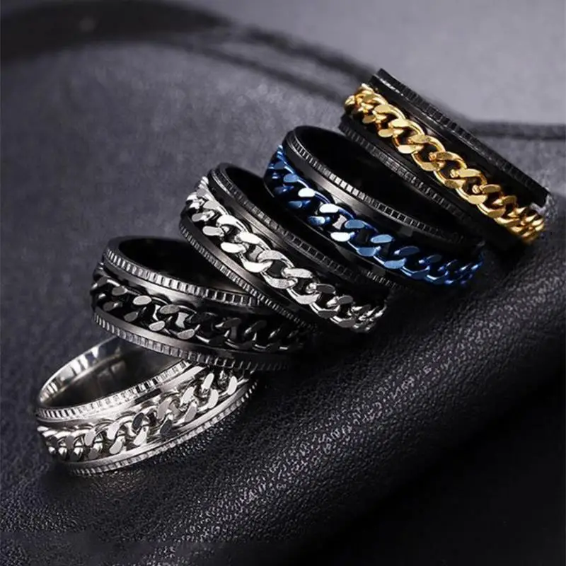 Anxiety Fidget Rings For Men Spining Titanium Stainless Steel Colorfully Spinner Rotatable Chain Jewelry Rotating Rings Men Gift