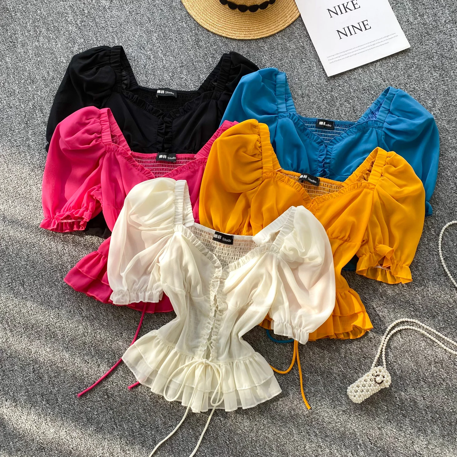 

Summer Chiffon Blouses Women French Style Square Collar Short Sleeve Ruffles Bandage Beach Tops Elastic Ruched Vacation Shirt