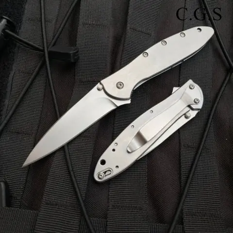 KS 1660 Ken Onion Leek Assisted Flipper Knife Bead Blast Plain Blade Stainless Steel Handles