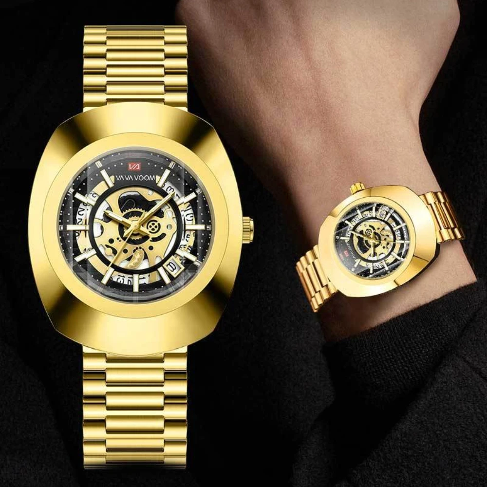 VA VA VOOM 2514 Fashion Luxury Watch Steel Strip Hollow Calendar Waterproof Luminous Quartz Watch Watches for Men Reloj Hombre