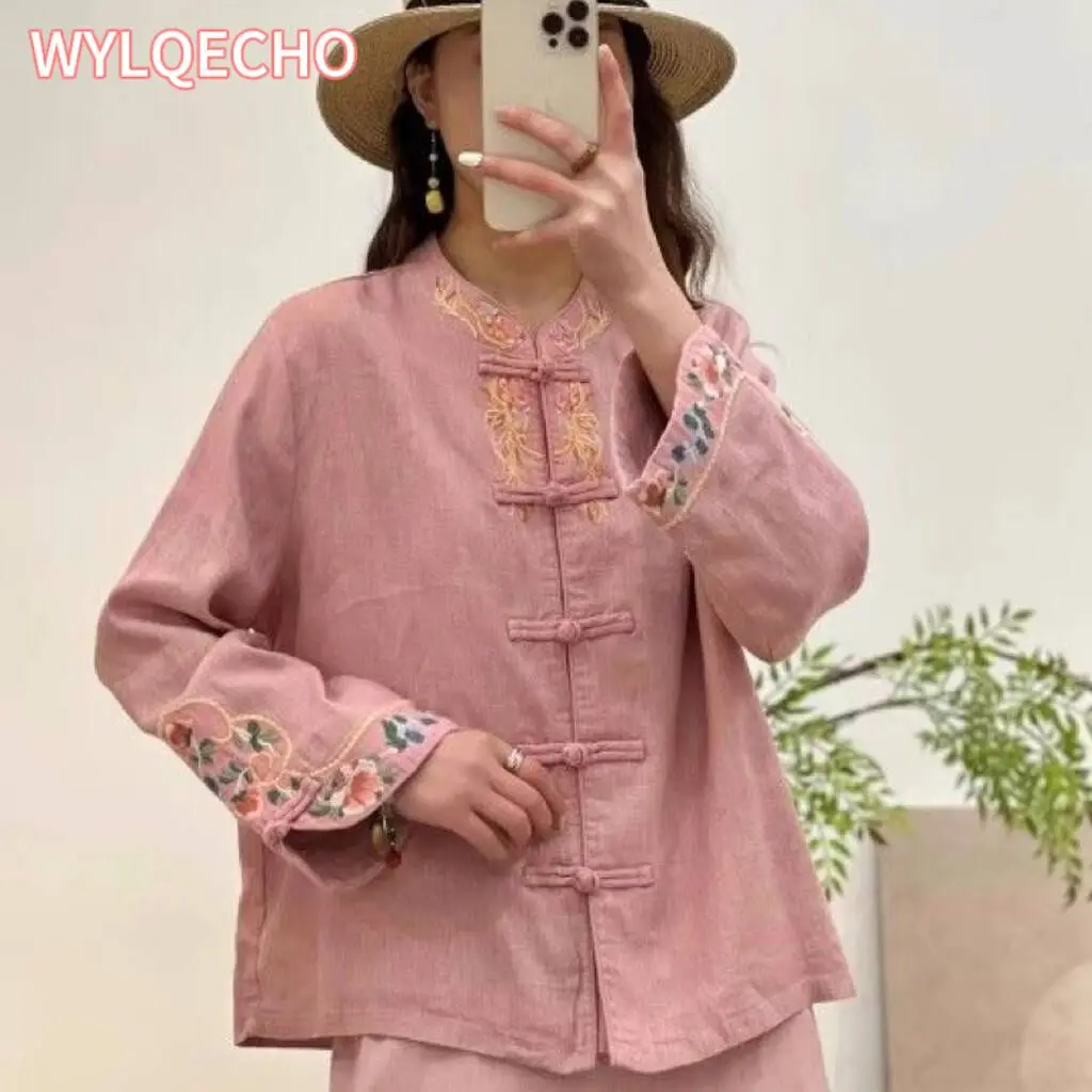 

Cheongsam Women's Plus Size Tops 2024 Summer Cotton Blend Splicing Embroidery Stand Collar Chinese Style Qipao Shirts Woman