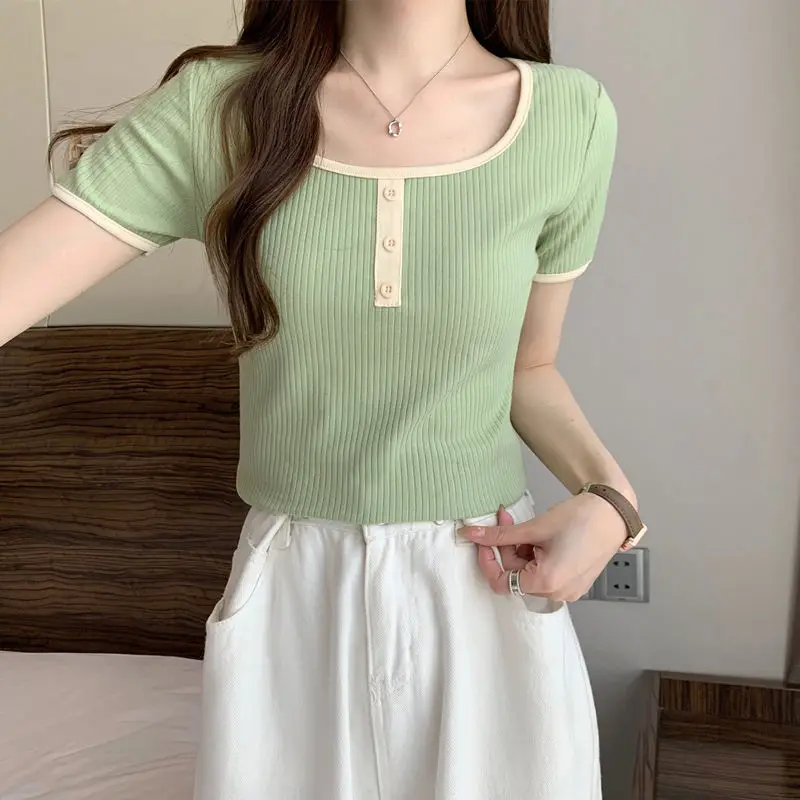 Women Summer Simplicity Elegant Slim Solid Color Square Collar Short Sleeve T-Shirt Women Clothes Casual All-match Trend Top Tee