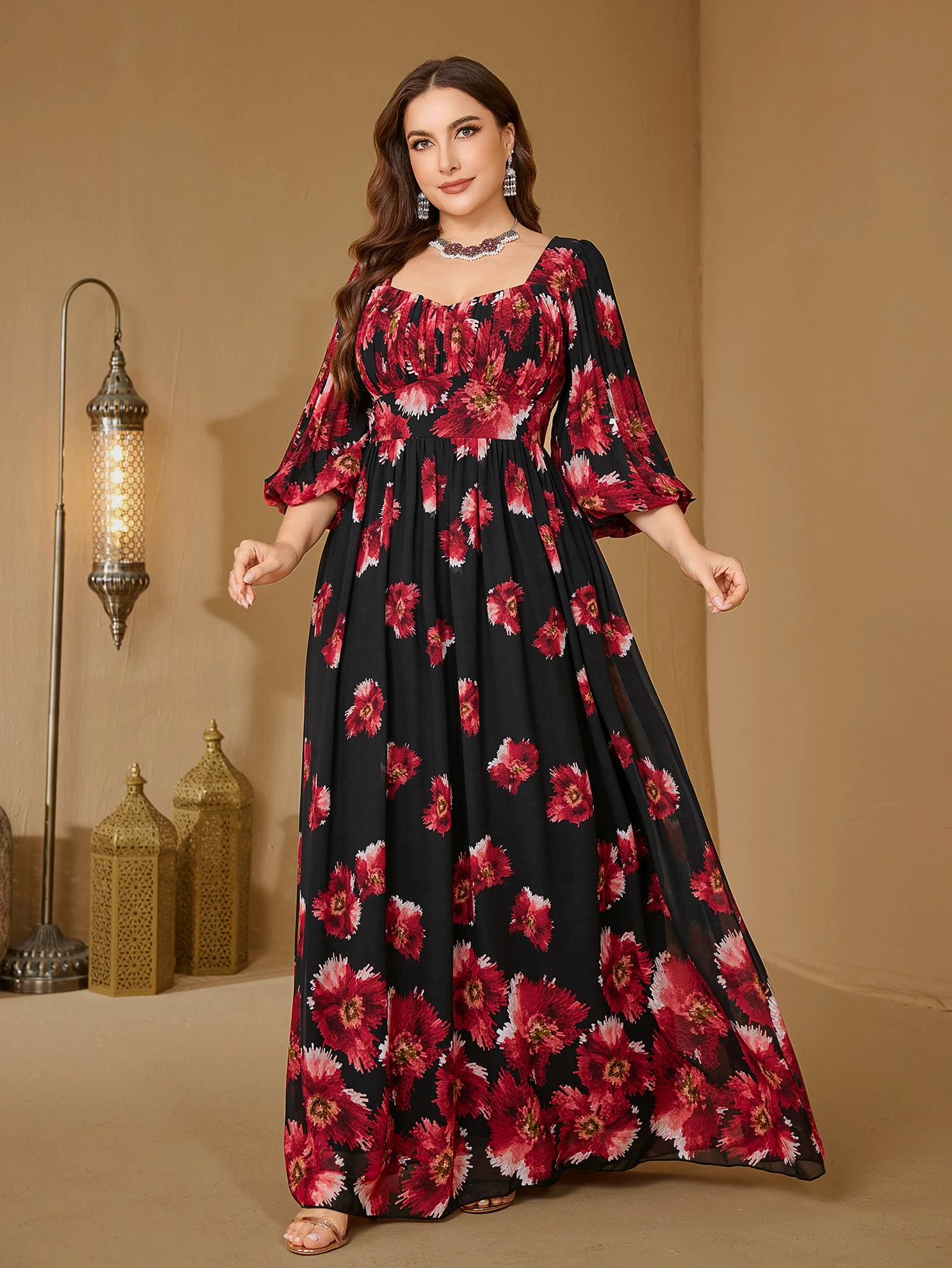 

UNITHORSE Women's [Random Print] Sweetheart Neckline Lantern Sleeve Evening Dress