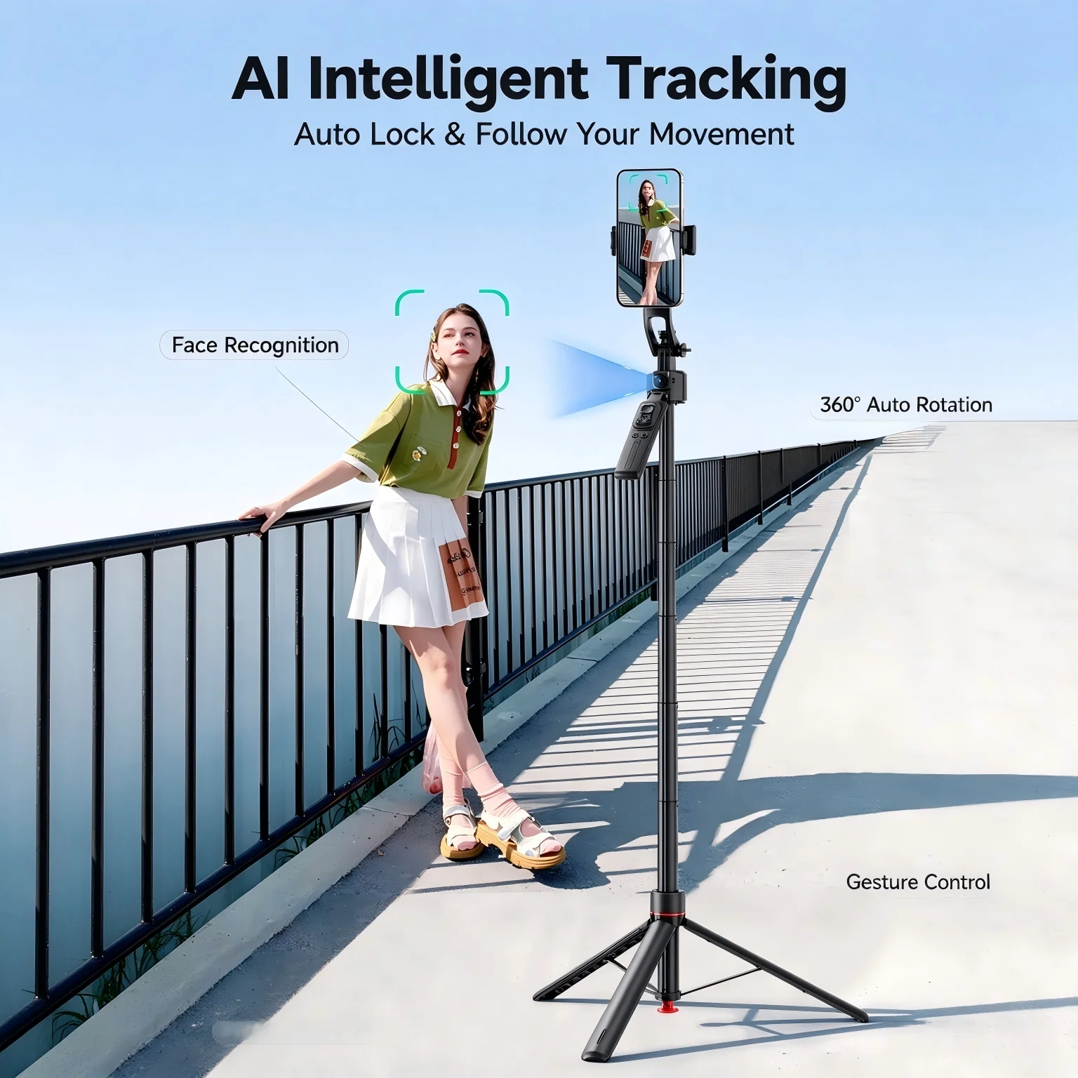 Dual Fill Light Stand Kit with Selfie Stick Tripod AI Tracking 360° Rotatable 1.74m Extendable for Phone Camera Vlog