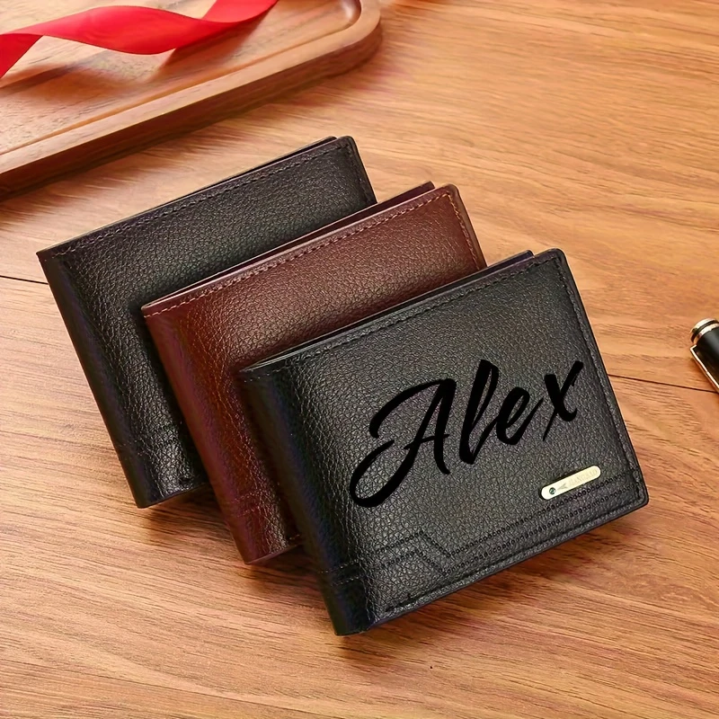 Bifold Leather Wallet - Texto e Iniciais Personalizáveis, Couro Sintético