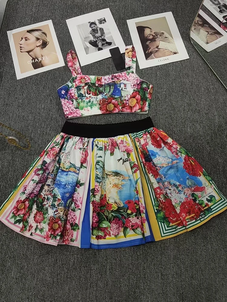 Vintage landscape print strapless two-piece halter set 2024 summer women\'s new + elastic waist loose poufy skirt fashion set